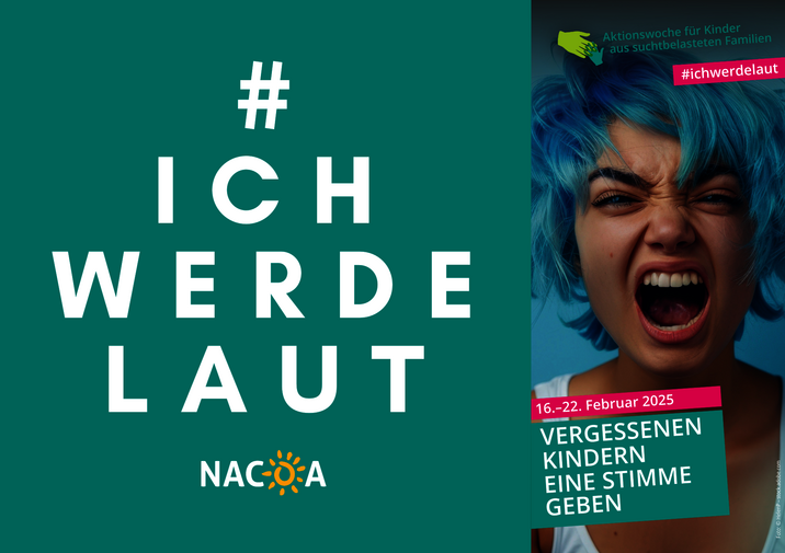 Kampagnenplakat: #ichwerde laut, eine junge Person mit blauen Haaren schreit