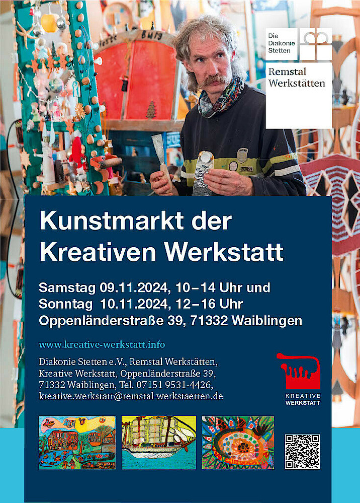 Plakat mit einem Mann vor bunter Wand und Text "Kunstmarkt der Kreativen Werkstatt"